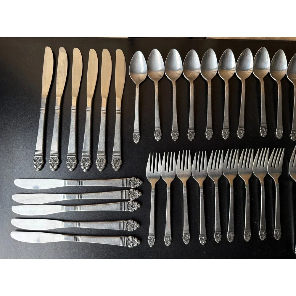 Vintage 53 piece Rogers Stainless Korea Flatware Ornate Floral Crown Royal